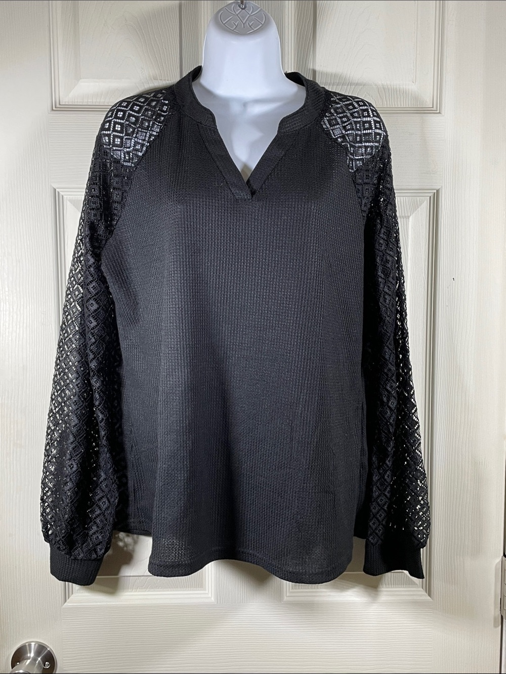 Black Long Sleeve Waffle Knit Top with Lace Sleeves